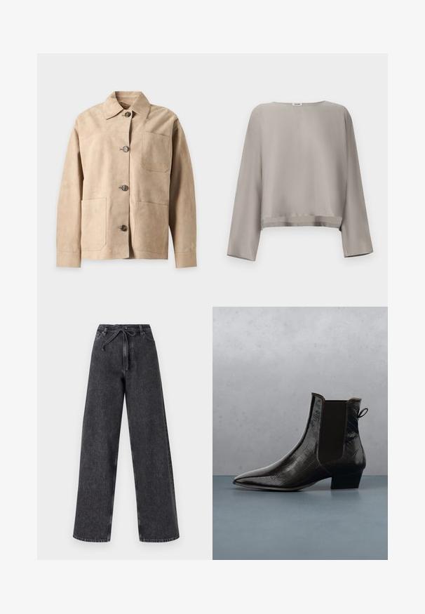 Veste beige en daim à boutons avec un col et trois poches avant, présentée sur un fond clair uni.; Haut gris clair à manches longues raccourcies en tissu lisse. Dispose d'un col rond et d'un détail discret à l'ourlet.; Jean en denim noir taille haute et jambes larges avec une fermeture à cordon. Présente une texture délavée et des détails de couture subtils.; Bottines en cuir noir brillant avec un motif crocodile flottant sur des carreaux en bois carrés avec de petites pierres grises entre eux en extérieur.