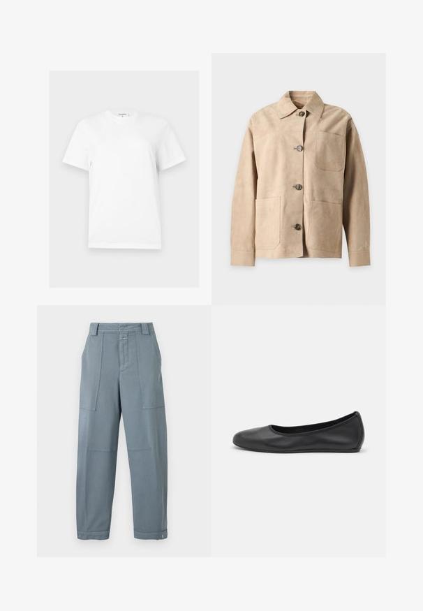 Veste beige en daim à boutons avec un col et trois poches avant, présentée sur un fond clair uni.; T-shirt blanc uni à manches courtes et col rond, coupe droite avec une petite étiquette de marque au niveau de l'encolure.; Pantalon droit bleu-gris avec poches plaquées à l'avant, passants pour ceinture, taille boutonnée et poignets réglables à pression aux chevilles.; Ballerines en cuir noir avec un bout rond, texture lisse, détails de couture minimalistes et design de semelle flexible.