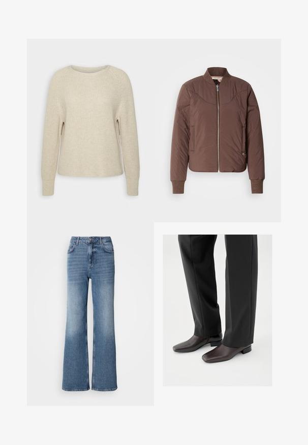 Veste bomber marron avec fermeture éclair à l'avant, poignets et col côtelés, finition lisse et texturée. Comprend des poches latérales et des détails surpiqués.; Pull en tricot rose clair avec un col rond, des manches raglan et des poignets côtelés. La texture est douce, avec une coupe décontractée et des détails minimaux.; Mos Mosh MAI - Jean droit - blue wash; Chaussures en cuir marron foncé avec un bout carré et un petit talon bloc, portées avec un pantalon noir sur mesure, affichant une apparence élégante et polie.