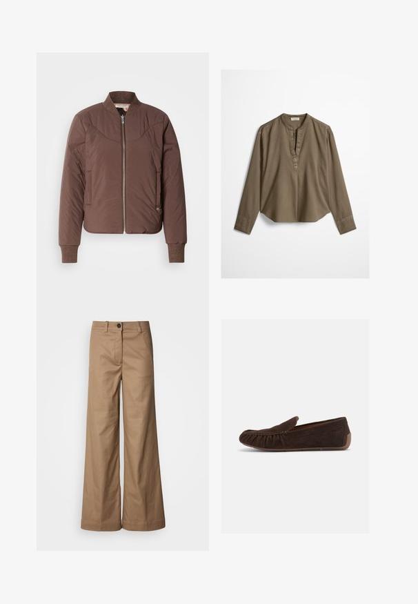 Veste bomber marron avec fermeture éclair à l'avant, poignets et col côtelés, finition lisse et texturée. Comprend des poches latérales et des détails surpiqués.; Blouse décontractée marron à manches longues avec col mandarin, pli à l'avant et ourlet légèrement arrondi, étalée à plat sur un fond blanc.; Pantalons à jambes larges en tissu lisse et beige. Dotés d'une fermeture à bouton sur le devant, de passants de ceinture et de poches latérales. Lignes épurées sans motifs visibles.; Mocassin en daim marron foncé avec couture froncée à l'avant et semelle en caoutchouc, montré de côté sur un fond blanc.