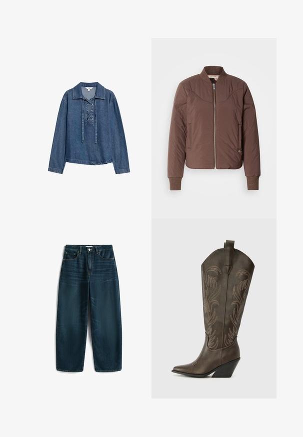 Chaqueta bomber marrón con cremallera frontal, puños y cuello acanalados, y un acabado liso y texturizado. Incluye bolsillos laterales y detalles cosidos.; Suéter de denin de manga larga con área de encaje en el frente y cuello, corte holgado y dobladillo recto.; Jeans de mezclilla de tiro alto y pernera ancha en azul oscuro, con cinco bolsillos, cierre frontal con botón y detalles de costura visibles.; Bota de vaquero de cuero marrón con puntera afilada, tacón en cuña y bordado decorativo. Presenta un caña alta y una lengüeta de agarre.