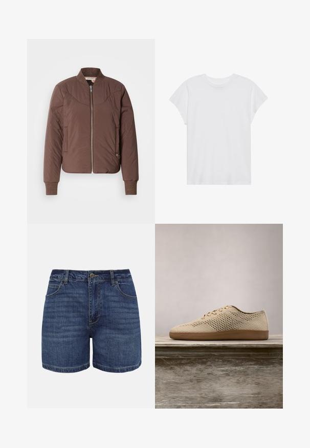 Veste bomber marron avec fermeture éclair à l'avant, poignets et col côtelés, finition lisse et texturée. Comprend des poches latérales et des détails surpiqués.; T-shirt blanc à manches courtes, col rond, coupe décontractée, en tissu de coton doux. Texture lisse, sans motifs ni logos.; Shorts en denim bleu foncé avec bouton frontal, fermeture éclair, passants pour ceinture et poches avant, présentés sur un fond blanc.; Baskets perforées beiges avec bout arrondi, design à lacets, tige en tissu texturé et semelle en caoutchouc marron. Présente de petits trous de ventilation tout au long.