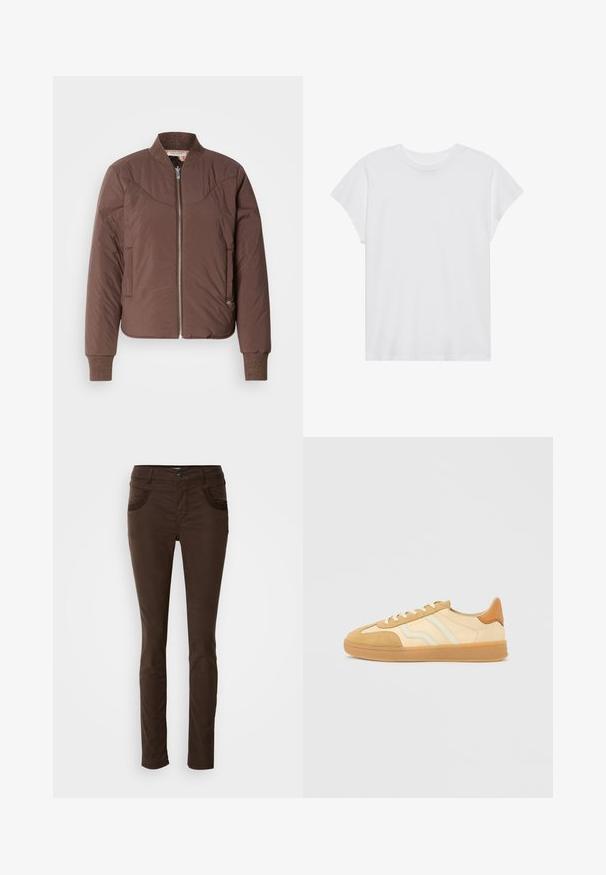 Veste bomber marron avec fermeture éclair à l'avant, poignets et col côtelés, finition lisse et texturée. Comprend des poches latérales et des détails surpiqués.; T-shirt blanc à manches courtes, col rond, coupe décontractée, en tissu de coton doux. Texture lisse, sans motifs ni logos.; Pantalons marron ajustés en tissu mélangé coton. Présente des poches avant avec des coutures décoratives, une fermeture à bouton et une texture lisse.; Baskets beige et crème en suède et cuir, avec semelles en caoutchouc, trois bandes et un accent marron au talon.
