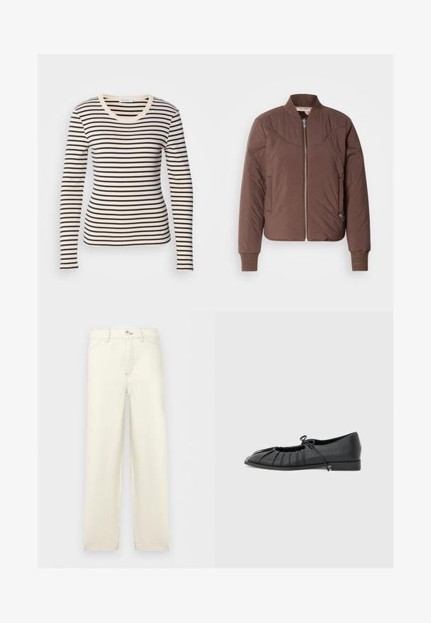 Veste bomber marron avec fermeture éclair à l'avant, poignets et col côtelés, finition lisse et texturée. Comprend des poches latérales et des détails surpiqués.; T-shirt à manches longues avec des rayures horizontales noires et crème, un col rond et une coupe ajustée. En coton doux.; Pantalon droit de couleur blanc cassé avec poches avant, fermeture à boutons et passants pour ceinture, présenté sur un fond clair uni.; Chaussure plate noire avec design plissé à l'avant et un nœud noué sur le dessus, petit talon, et texture lisse sur un fond gris clair.