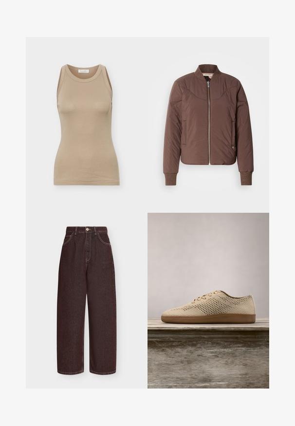 Veste bomber marron avec fermeture éclair à l'avant, poignets et col côtelés, finition lisse et texturée. Comprend des poches latérales et des détails surpiqués.; Débardeur beige ajusté pour femmes, sans manches, avec encolure ronde et étiquette Marc O'Polo à l'intérieur du col arrière.; Jean large taille haute brun foncé avec poches avant, passants de ceinture, fermeture par bouton et coutures visibles sur fond uni.; Baskets perforées beiges avec bout arrondi, design à lacets, tige en tissu texturé et semelle en caoutchouc marron. Présente de petits trous de ventilation tout au long.