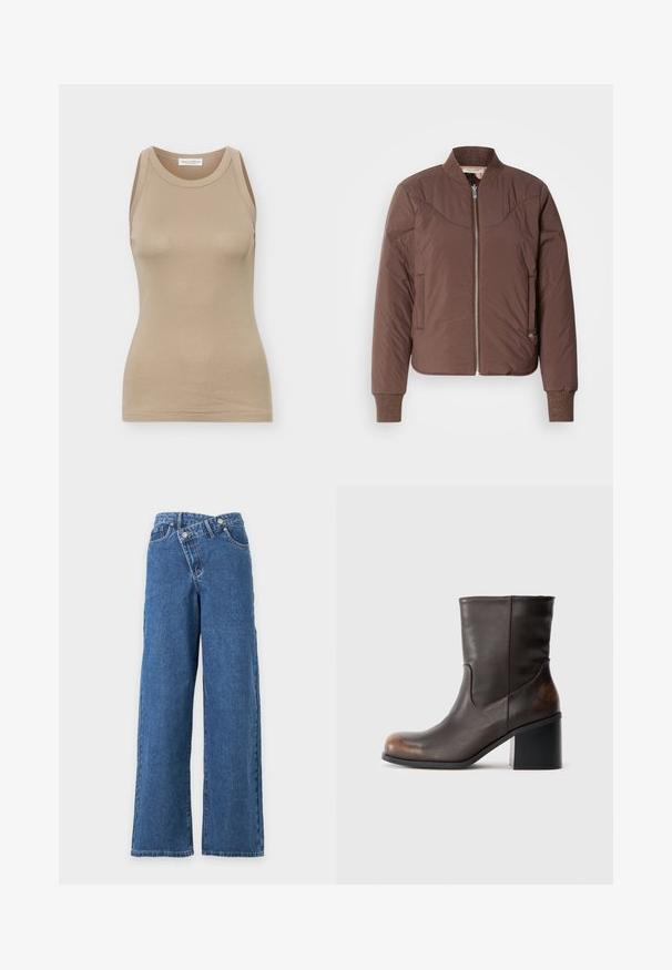 Veste bomber marron avec fermeture éclair à l'avant, poignets et col côtelés, finition lisse et texturée. Comprend des poches latérales et des détails surpiqués.; Débardeur beige ajusté pour femmes, sans manches, avec encolure ronde et étiquette Marc O'Polo à l'intérieur du col arrière.; Jean denim bleu à jambes larges, taille haute avec fermeture à boutons chevauchants sur fond blanc uni.; Botte en cuir marron foncé mi-mollet avec un bout arrondi et un talon carré, montrant des détails d'usure subtils sur les zones du bout et du talon.