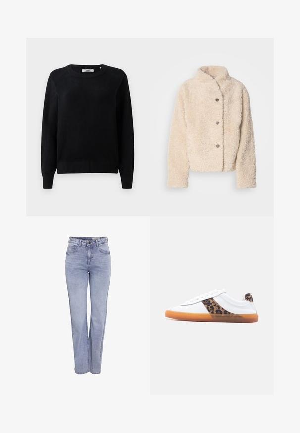 Vaalean beige, pehmeä fleece-takki, jossa on pystykaulus, viisi nappia ja hieman lyhennetty malli. Pehmeä, teksturoitu kangas, joka näyttää mukavalta.; Mustikka neulepaita pyöreällä pääntiellä, pitkät hihat sekä ribbaus hihansuissa ja helmassa. Pehmeä rakenne, ei näkyviä kuvioita tai tarvikkeita.; Vaaleansinisiä suoria farkkuja, joissa on nappikiinnitys, viisi taskua ja hienovarainen haalistuminen edessä ja takana.; Valkoinen matalakärkinen tennari kummikuumanttelilla ja leopardikuvioisilla yksityiskohdilla sivupaneelissa ja kantapään kohdistimessa, kuvattuna sivuprofiilissa yksinkertaisella taustalla.