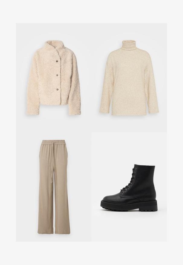Vaalean beige, pehmeä fleece-takki, jossa on pystykaulus, viisi nappia ja hieman lyhennetty malli. Pehmeä, teksturoitu kangas, joka näyttää mukavalta.; Beige kauluspaita, joka on valmistettu pehmeästä ja teksturoidusta kankaasta. Ominaisuuksina pitkät hihnat ja rento istuvuus sekä korkea kaulus.; Vaaleanbeiget leveät housut, jotka on valmistettu kevyestä kankaasta. Ominaisuuksiin kuuluu joustava vyötärö, jossa on naru ja sivutaskut. Silkkinen pinta.; Mustat nahkasaappaat nilkkojen ylle, pyöreällä varvalla, röpelöisellä päällyksellä, metallisilla silmukoilla ja paksulla, karkealla kumipohjalla. Varustettu nauhakiinnityksellä.