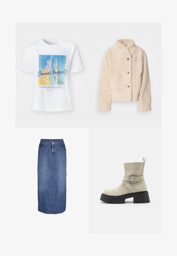Vaalean beige, pehmeä fleece-takki, jossa on pystykaulus, viisi nappia ja hieman lyhennetty malli. Pehmeä, teksturoitu kangas, joka näyttää mukavalta.; Valkoinen puuvillateeppari, jossa on värikäs graafinen kuva kahdesta lasipullosta pillien kanssa ja teksti "Kuulostaa täydelliseltä!" rohkealla fontilla.; Sininen farkkumekon puolipitkä hame, jossa pystysaumat, etunapit ja vetoketjusuljin, vyölenkit ja etutaskut.; Valkoinen nilkkuri, joka on valmistettu sametista ja jossa on leveä, teksturoitu musta pohja. Siinä on sivussa solkiremmi ja takana lenkillä varustettu vetotappi.