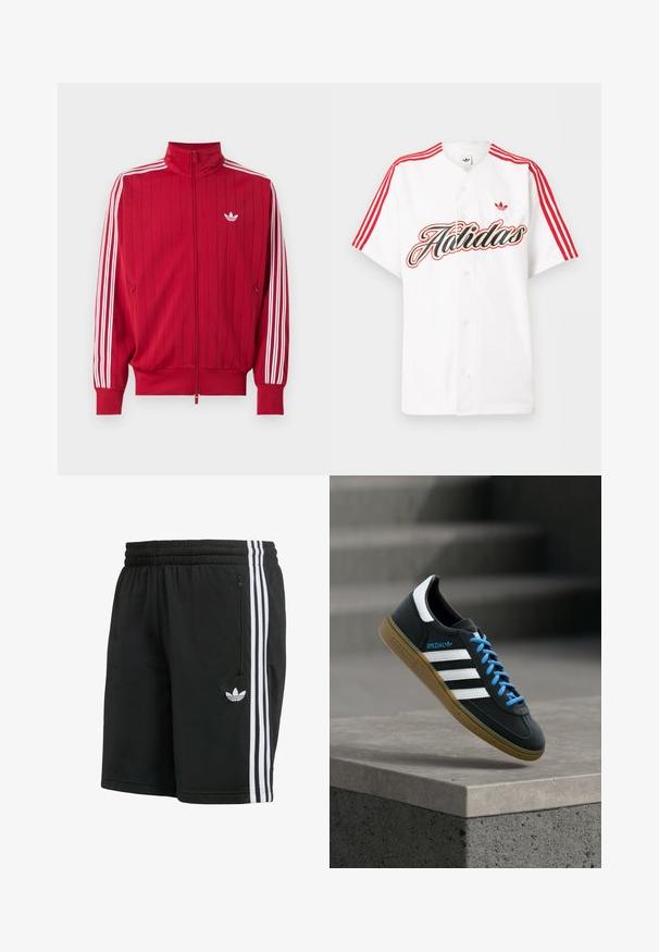 Jachetă roșie cu fermoar, cu trei dungi albe Adidas pe mâneci și logo mic alb trefoil pe pieptul stâng.; Cămașă albă cu mâneci scurte și nasturi, cu dungi roșii Adidas pe umeri, text mare stilizat „Adidas” și logo roșu trefoil pe piept.; Pantaloni scurți atletici negri, confecționați din țesătură ușoară, cu trei dungi albe pe fiecare parte și un logo brodat lângă tiv.; Adidași negri Adidas cu dungi albe, șireturi albastre și talpă de gumă plutind deasupra unei trepte gri de beton în lumină blândă.
