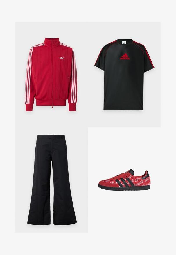 Rote Zip-Jacke mit weißen Adidas drei Streifen an den Ärmeln und kleinem weißem Trefoil-Logo auf der linken Brust.; Schwarzes Sport-T-Shirt mit roten Akzenten und Logo. Hergestellt aus glattem, leichtem Stoff. Verfügt über einen Rundhalsausschnitt und kurze Ärmel.; Schwarze weite Hosen aus glattem Stoff, mit vorderen Falten und einem Bund. Sauberes Design ohne sichtbare Muster oder Akzente.; Roter Adidas Sneaker mit schwarzen Streifen und Sohle, mit weißen Coca-Cola-Logos auf dem gesamten Stoffoberteil.