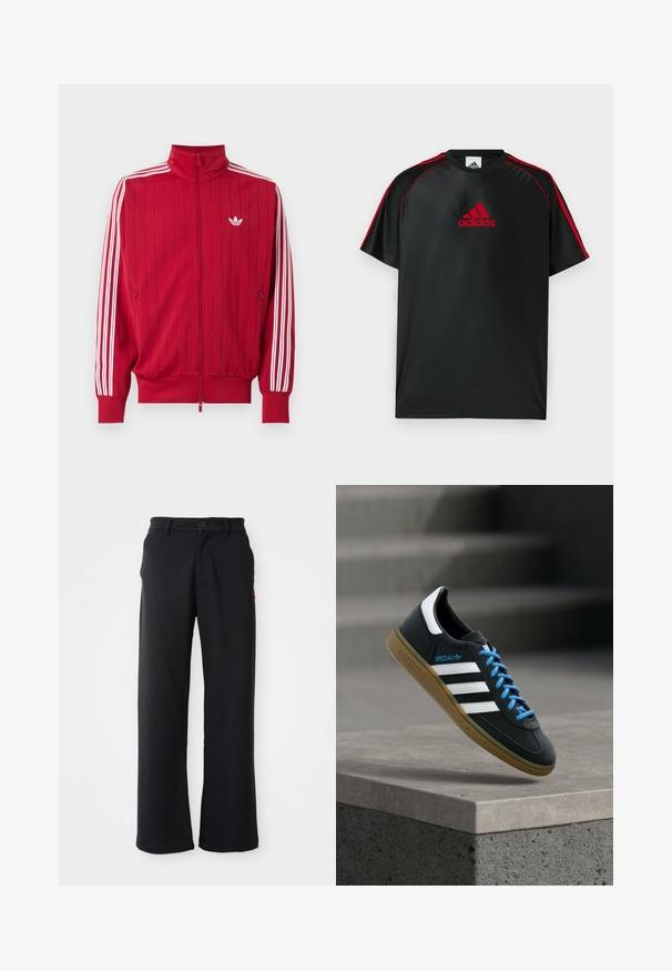 Rode trainingsjas met ritssluiting met witte Adidas drie strepen langs de mouwen en klein wit trefoil-logo op de linkerborst.; Zwart atletisch T-shirt met rode accenten en logo. Gemaakt van een glad, lichtgewicht stof. Heeft een ronde hals en korte mouwen.; Zwarte rechte broek met knoop- en ritssluiting, riemlussen en zijzakken, weergegeven tegen een witte achtergrond.; Zwarte Adidas-sneaker met witte strepen, blauwe veters en een gumzool die boven een grijze betonnen trede zweeft in zacht licht.