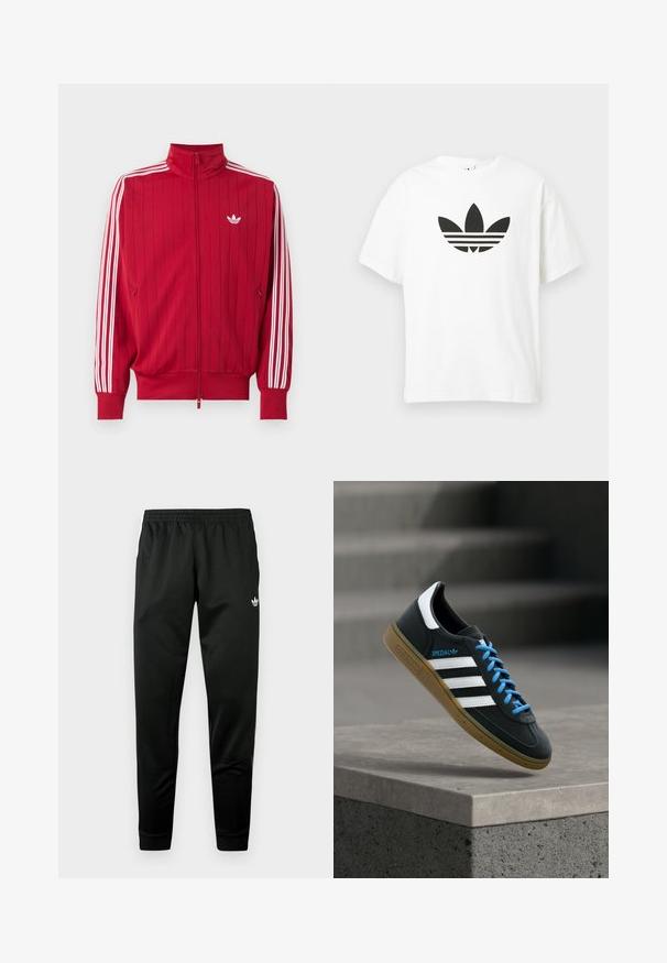 Red zip-up track jacket with white Adidas three stripes down sleeves and small white trefoil logo on left chest.; White cotton t-shirt featuring a large black Adidas trefoil logo and three horizontal stripes underneath. Short sleeves, crew neckline.; Black athletic pants with an elastic waistband, tapered legs, and white logo accents on the front. Smooth, lightweight fabric.; Black Adidas sneaker with white stripes, blue laces, and gum sole floating above gray concrete step in soft light.