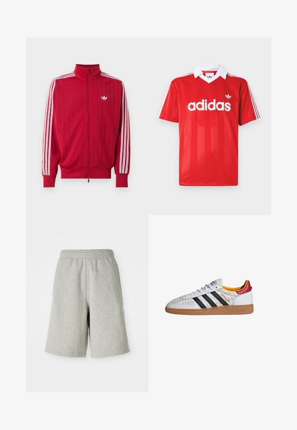 Rød trackjakke med lynlås med hvide Adidas tre striber ned langs ærmerne og lille hvid trefoil-logo på venstre bryst.; Rød Adidas sportstrøje med hvid krave, tre hvide striber på ærmerne og Adidas-logo centreret på brystet.; Grå bomuldsshorts med elastisk talje, knælængde design og diskret logo detalje på siden. Blød tekstur med en afslappet, sportiv pasform.; Hvid Adidas Spezial sneaker med sorte striber, gummisål, quiltet mønster, rød hælflap og gul inderfor, set fra siden.