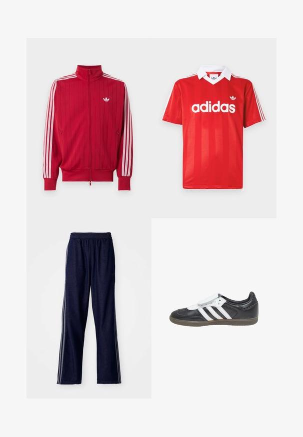 Červená športová bunda na zips s bielymi tromi pruhmi Adidas na rukávoch a malým bielym logom trefoil na ľavej strane hrude.; Červený športový dres Adidas s bielym golierom, tromi bielymi pruhmi na rukávoch a logom Adidas uprostred na hrudi.; Námornícke modré športové nohavice s elastickým pásom, s tromi bielymi bočnými pruhmi a rovným strihom. Mäkká denimová textúra.; adidas Originals SAMBA LT - Tenisky - core black footwear white gum
