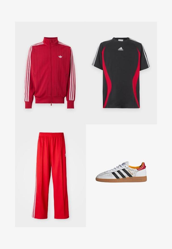 Rote Zip-Jacke mit weißen Adidas drei Streifen an den Ärmeln und kleinem weißem Trefoil-Logo auf der linken Brust.; Schwarzes kurzärmeliges T-Shirt mit roten Seiteneinsätzen, weißem Adidas-Logo auf der Brust und weißen Schulterstreifen. Hergestellt aus einem glatten Stoff.; Rote Sporthose aus leichtem Material, mit einem elastischen Bund, zwei weißen Seitenstreifen und einem kleinen Logo auf der Hüfte.; Weißer Adidas Spezial Sneaker mit schwarzen Streifen, Gummisohle, gestepptem Muster, rotem Fersenlaschen und gelber Innenausstattung, Seitenansicht.