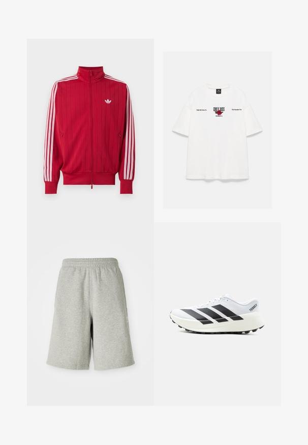 Rød trackjakke med lynlås med hvide Adidas tre striber ned langs ærmerne og lille hvid trefoil-logo på venstre bryst.; Hvid T-shirt med korte ærmer med Guns N’ Roses-logo, rød rosegrafik og tekst "Take Me Down To The Paradise City" hen over brystet.; Grå bomuldsshorts med elastisk talje, knælængde design og diskret logo detalje på siden. Blød tekstur med en afslappet, sportiv pasform.; Hvid trail løbesko med sorte Adidas-striber, tekstureret sål og "TERREX" branding på hælen, vist i profil på hvid baggrund.