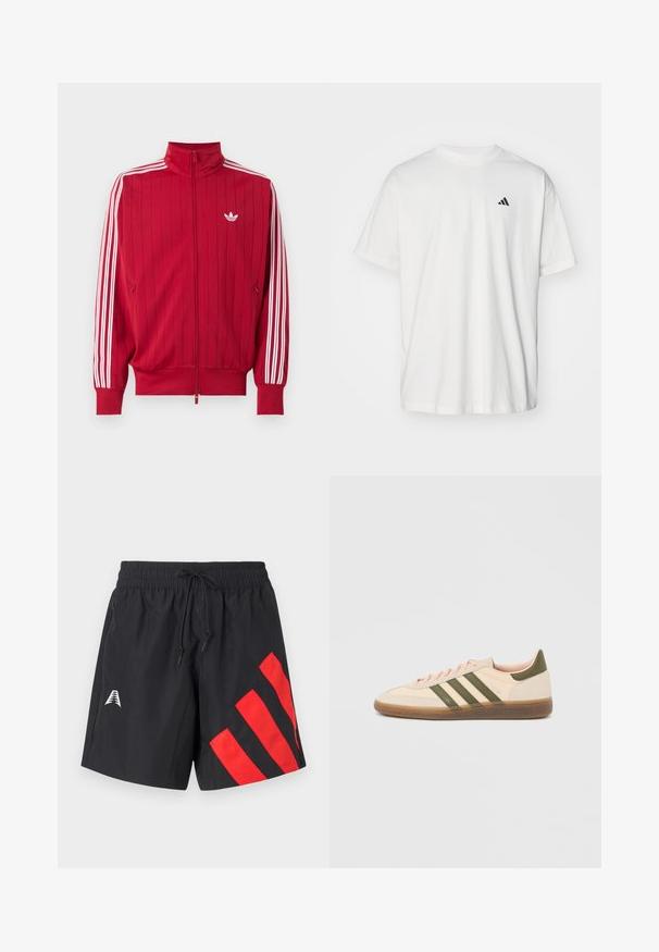 Rote Zip-Jacke mit weißen Adidas drei Streifen an den Ärmeln und kleinem weißem Trefoil-Logo auf der linken Brust.; Weißes Baumwoll-T-Shirt mit kurzen Ärmeln, Rundhalsausschnitt und kleinem schwarzem Adidas-Logo auf der linken Brust. Weicher Stoff, lässige Passform.; Schwarze Badehosen mit einem elastischen Bund, Kordelzug und roten diagonalen Streifen auf der linken Seite. Verfügt über ein kleines weißes Logo auf der Vorderseite.; Flacher, beigefarbener Adidas Spezial Sneaker mit grünen Streifen, Gummisohle und "SPEZIAL" Schriftzug an der Seite, von der Außenseite gezeigt.