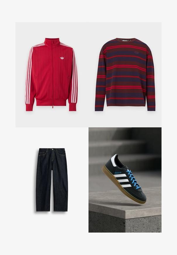 Veste de survêtement rouge zippée avec les trois bandes blanches Adidas sur les manches et petit logo trèfle blanc sur la poitrine gauche.; Chemise à manches longues à rayures horizontales dans des tons brun foncé, marine et rouge. Texture côtelée avec un col rond et un détail de logo.; Jean en denim bleu foncé à coupe droite avec couture jaune, poches avant et fermeture par bouton à la taille.; Baskets Adidas noires avec des rayures blanches, des lacets bleus et une semelle en gomme flottant au-dessus d'une marche en béton grise sous une lumière douce.
