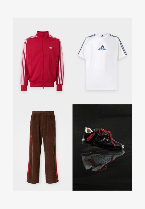 Rød trackjakke med lynlås med hvide Adidas tre striber ned langs ærmerne og lille hvid trefoil-logo på venstre bryst.; Hvid Adidas T-shirt med blå accenter, korte ærmer og rund hals. Har Adidas-logoet i blå på fronten og tre striber på skuldrene.; Brune corduroy bukser med elastisk talje, der har røde sidelister og lige ben. Tekstureret stof med subtile ribbede detaljer.; Sort sneaker med røde snørebånd og side logo, hvid polstret indre, reflekteret på en blank sort overflade mod en mørk baggrund.