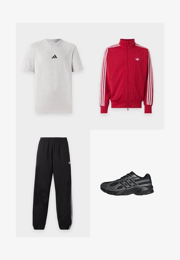 Červená športová bunda na zips s bielymi tromi pruhmi Adidas na rukávoch a malým bielym logom trefoil na ľavej strane hrude.; Šedé bavlnené tričko s krátkymi rukávmi a okrúhlym výstrihom, s malým čiernym logom so tromi pruhmi na hornej ľaviej strane hrude.; Čierne tréningové nohavice Adidas s bielymi bočnými pásikmi, elastickým pásom a lemami na členkoch, s malým logom na hornej časti stehna.; Čierne športové topánky vyrobené z pletiva a syntetických materiálov, s textúrovaným povrchom, viacerými šedými pruhmi a polstrovaným golierom.