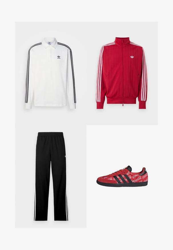 Veste de survêtement rouge zippée avec les trois bandes blanches Adidas sur les manches et petit logo trèfle blanc sur la poitrine gauche.; Polo shirt blanc à manches longues avec un col classique, des accents noirs à trois rayures le long des manches, et un petit logo noir sur la poitrine.; Pantalon de sport noir en tissu mesh, avec une coupe droite, une taille élastique et des bandes blanches sur les côtés. Logo sportif affiché.; Baskets rouges Adidas avec des bandes noires et une semelle noire, avec des logos Coca-Cola blancs partout sur la tige en tissu.