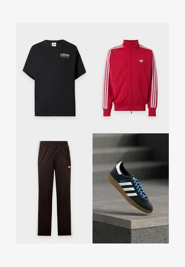 Rote Zip-Jacke mit weißen Adidas drei Streifen an den Ärmeln und kleinem weißem Trefoil-Logo auf der linken Brust.; Schwarzes Baumwoll-T-Shirt mit kurzen Ärmeln, ausgestattet mit einem Rundhalsausschnitt und einem weißen Adidas-Logo mit "SPORT DESIGN STUDIO" in Gold. Glatte Textur.; Schwarze Adidas-Trainingshose mit elastischem Bund, weißen Seitenstreifen, Reißverschlusstaschen und kleinem Trefoil-Logo am linken Oberschenkel.; Schwarzer Adidas-Sneaker mit weißen Streifen, blauen Schnürsenkeln und Gummisohle, der über einer grauen Betontreppe im weichen Licht schwebt.