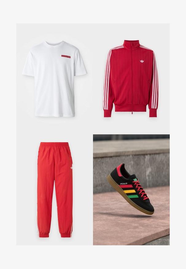 Rode trainingsjas met ritssluiting met witte Adidas drie strepen langs de mouwen en klein wit trefoil-logo op de linkerborst.; Witte katoenen t-shirt met een ronde hals, korte mouwen en een klein rood grafisch detail op de linkerborst.; Rode sportieve broek van lichtgewicht materiaal, met een elastische tailleband, witte zijstrepen en een klein logo op het bovenbeen.; Zwarte Adidas Spezial sneaker met rode, gele en groene strepen, rode veters, gumzool en een rode hieldetail, zwevend boven het trottoir.