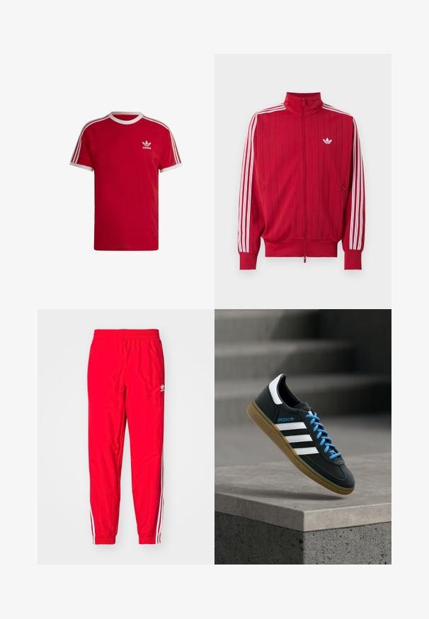 Rode trainingsjas met ritssluiting met witte Adidas drie strepen langs de mouwen en klein wit trefoil-logo op de linkerborst.; Rode katoen t-shirt met witte geribde ronde hals, voorzien van drie witte strepen op de mouwen en een klein wit logo op de borst.; Rode sportieve broek met een elastische tailleband, witte gestreepte accenten aan de zijkanten en een klein wit logo op de linker dij.; Zwarte Adidas-sneaker met witte strepen, blauwe veters en een gumzool die boven een grijze betonnen trede zweeft in zacht licht.