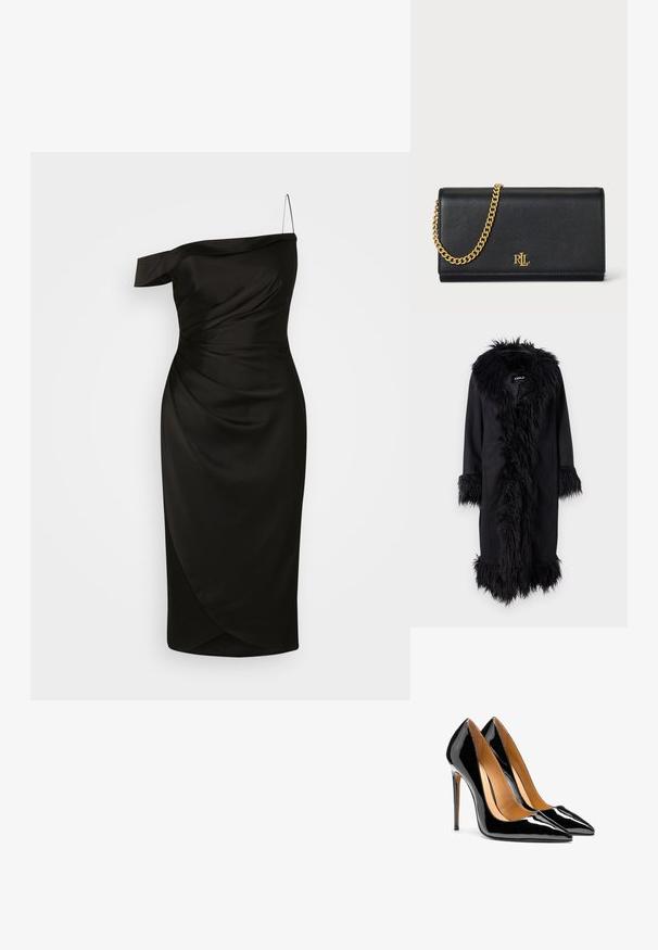 ONLY ONLVIENNA SUEDE COAT - Klassisk frakke - black; Sort, en-skulder kjole lavet af glat stof, med en figursyet overdel og detaljer i drapering samt en knælængde, indpakket nederdel.; Par af blanke sorte højhælede sko i laklæder med spids tå og stiletter samt lysebrun indvendig foret på hvid baggrund.; Sort læderpung med en guld kædestrop, der har et guld logo foran. Minimalistisk design med en glat overflade og slank form.