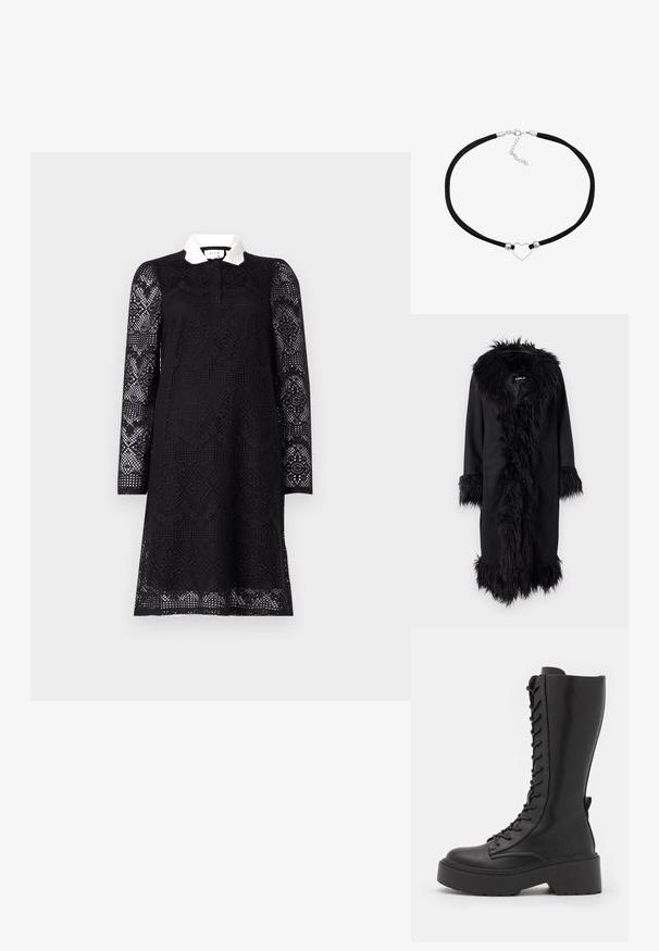 ONLY ONLVIENNA SUEDE COAT - Klassikaline mantel - black; Musthave mustriga mustri ja valge krae ning must pitskleit. Kude sisaldab keerukaid väljakatte disaine ja on lõdva lõikega.; Mustad põlvikõrgused nööridega saapad, paksu platvormitald, sile nahkviimistlus ja tugevdõmmetega õmblused.; Mustmust mustriba mustri mustha, mille hõbedase südame ripatsiga keskel, ümmarguste metallaktsentidega ja klambriga, millel on pikenduskett.