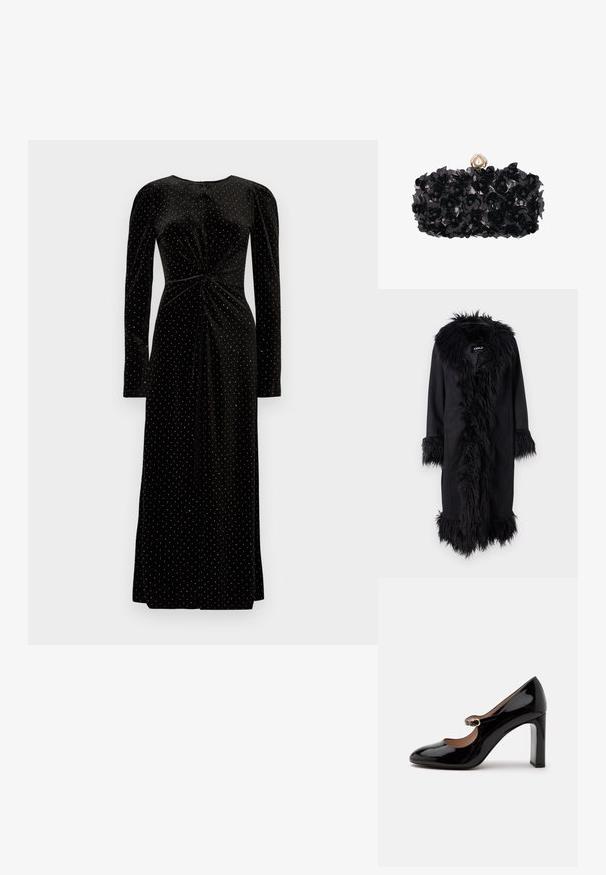 ONLY ONLVIENNA SUEDE COAT - Klassischer Mantel - black; Schwarzes Samtkleid mit langen Ärmeln, einem geknoteten Vorderdesign und weißen Punkten, das eine bodenlange Silhouette hat.; Schwarzer Mary Jane Lackleder-Pumps mit rundlicher Spitze und kleinem Schnallenriemen über dem Spann vor weißem Hintergrund.; Schwarze, floral strukturierte Clutch mit einem perlen- und strassbesetzten dekorativen Verschluss oben.