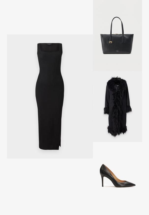 ONLY ONLVIENNA SUEDE COAT - Mantel - black; Zwarte ribbelgebreide midi-jurk met een vierkante halslijn, een aansluitende silhouette en een zijsplit. Het materiaal heeft een soepele textuur. Eenvoudig ontwerp.; Zwarte leren pumps met een spitse neus, een slanke silhouet, een slanke hak en een gladde textuur. Het interieur heeft een tan voering.; Zwarte leren totebag met textuur, dubbele handvatten, bovenste rits en kleine gouden merkplaatjes aan de voorkant en het handvat.