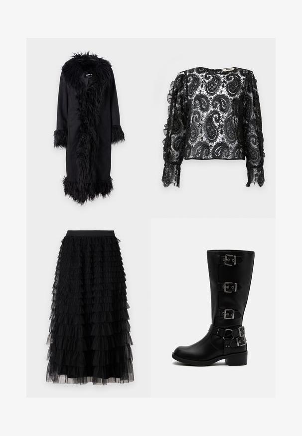 ONLY ONLVIENNA SUEDE COAT - Klassisk frakke - black; Sort blonde top med paisley-mønster, flæser på ærmerne og gennemsigtig tekstur. Rund halsudskæring med subtil detaljering og cropped pasform.; Vero Moda VMNAJA Mid waist Long - Maxinederdele - black; Sort støvle i læder til midt på læggen med fire justerbare metalspænder og en lav blokhæl på hvid baggrund.