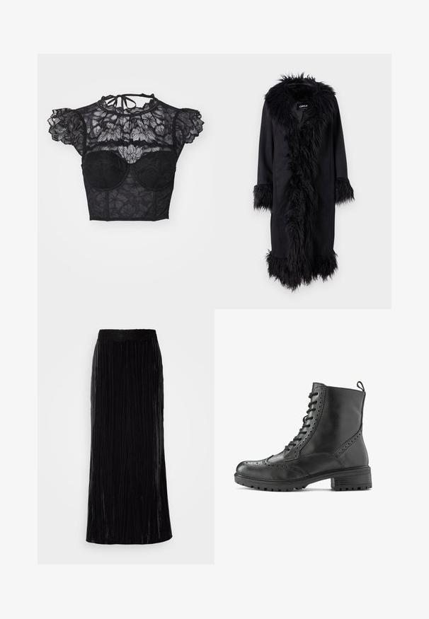 ONLY ONLVIENNA SUEDE COAT - Klasický kabát - black; LASCANA Blúzka - black; Čierna zamatová maxi sukňa s vertikálnymi plisovaniami a vlnitým krajkovým pásom. Tkanina má jemný, textúrovaný vzhľad.; Čierna kožená členková topánka s brogue detailmi, šnurovacím dizajnom, robustnou podrážkou a poutkom na päte pre ľahké obúvanie.