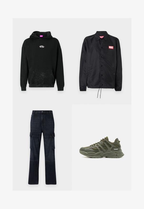 Schwarze Jacke aus glattem, leichtem Material mit Knopfriegel, elastischen Bündchen, seitlichen Taschen und einem roten Diesel-Logo-Patch.; Schwarzer Hoodie aus Baumwollmix, mit einer Front-Kängurutasche, einem silbernen Logo-Accent und einer strukturierten Oberfläche mit subtilen Verfärbungen.; Dunkelblaue Cargo-Hosen mit lockerem Schnitt, ausgestattet mit zwei Seiten pockets, Kniefelgen und Kontrastnähten. Metallknopfverschluss am Taillenbund.; Guess BELLUNO - Sneaker low - green