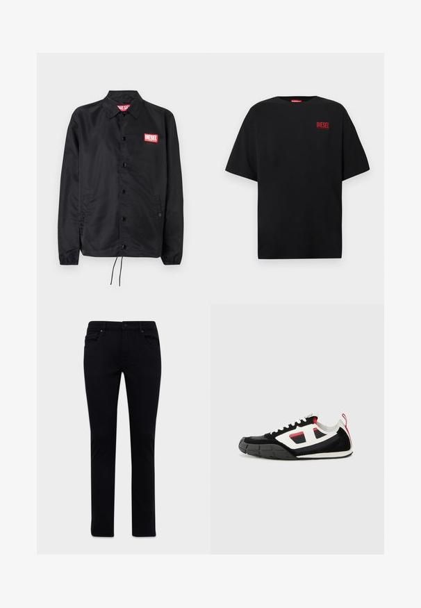 Schwarze Jacke aus glattem, leichtem Material mit Knopfriegel, elastischen Bündchen, seitlichen Taschen und einem roten Diesel-Logo-Patch.; Schwarzes T-Shirt aus Baumwolle, mit kurzen Ärmeln, rundem Ausschnitt und einem roten "DIESEL"-Logo auf der linken Brustseite.; Schwarze Slim-Fit-Jeans mit Vorder- und Rückentaschen, Gürtelschlaufen und Knopfverschluss, auf einem weißen Hintergrund präsentiert.; Diesel S PAGODHA LOW - Sneaker low - black