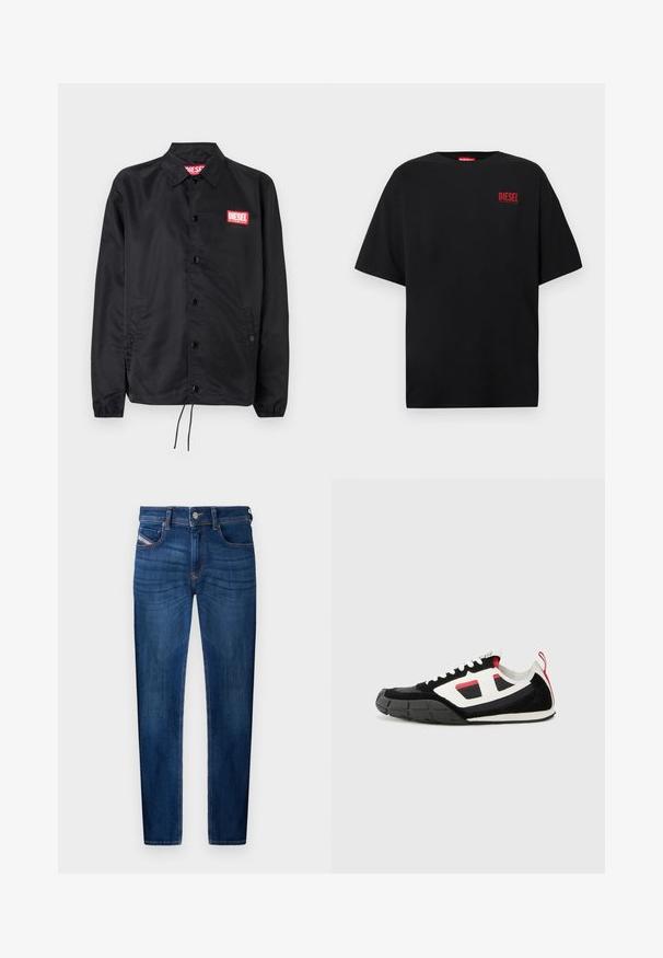 Zwarte jack van soepel, lichtgewicht materiaal, met een knoopsluiting, elastische manchetten, zijzakken en een rood Diesel logo patch.; Zwart T-shirt van katoen met korte mouwen, een ronde hals en een rood "DIESEL"-logo op de linkerborst.; Donkerblauwe spijkerbroeken met rechte pijpen, vijf zakken, zichtbare stikseldetails en een metalen knoopsluiting.; Diesel S PAGODHA LOW - Sneakers laag - black
