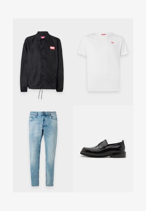 Schwarze Jacke aus glattem, leichtem Material mit Knopfriegel, elastischen Bündchen, seitlichen Taschen und einem roten Diesel-Logo-Patch.; Weißes Baumwoll-T-Shirt mit kurzen Ärmeln und V-Ausschnitt. Verfügt über ein kleines rotes Diesel-Logo auf der linken Brust. Glatte Textur, normale Passform.; Helle blaue Denim-Jeans im Slim-Fit mit Fronttaschen und Knopfverschluss. Der Stoff hat eine weiche, strukturierte Oberfläche.; Calvin Klein MOCCASIN - Business-Slipper - black