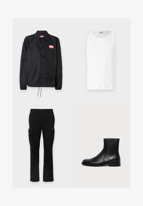 Zwarte jack van soepel, lichtgewicht materiaal, met een knoopsluiting, elastische manchetten, zijzakken en een rood Diesel logo patch.; Witte katoenen mouwloze tanktop met een ronde halslijn en een gladde textuur. Eenvoudig ontwerp, geen patronen of accenten.; Zwarte cargobroek van katoen, met twee zijzakken, een rechte pijp en zichtbare stiksels op de naden.; Zwarte leren enkellaars met lage hak, zijstiksels en klein "HUGO" logo op de bovenste boord tegen een effen achtergrond.