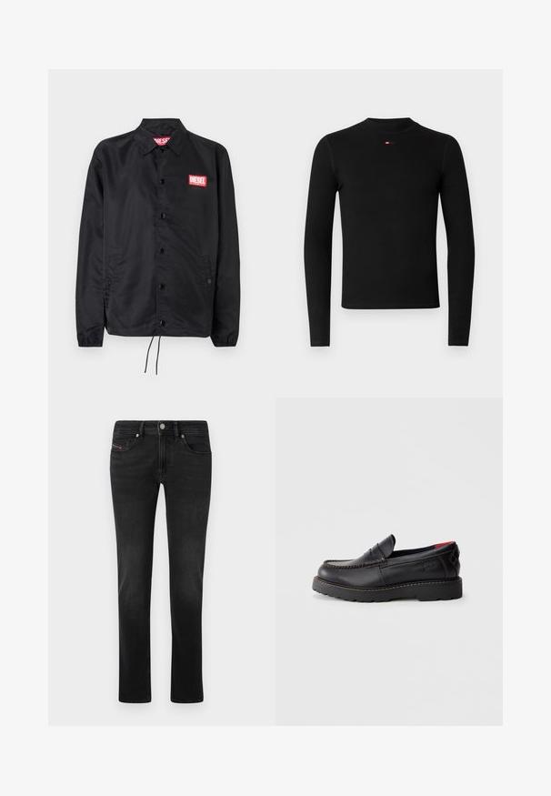 Schwarze Jacke aus glattem, leichtem Material mit Knopfriegel, elastischen Bündchen, seitlichen Taschen und einem roten Diesel-Logo-Patch.; Schwarzes Langarmshirt mit rundem Ausschnitt, gerippter Textur und kleinem rotem Logo auf der Brust. Einfaches und figurbetontes Design.; Schwarze Denim-Jeans mit geradem Bein, ausgestattet mit Vorder- und Gesäßtaschen, subtilen Ausbleichungen und einem Metallknopfverschluss.; Schwarzer Lederschlupfschuh mit Mokassin-Nähten, Gummisohle und strukturiertem Finish. Hat dezente Markenkennzeichnung an der Seite.