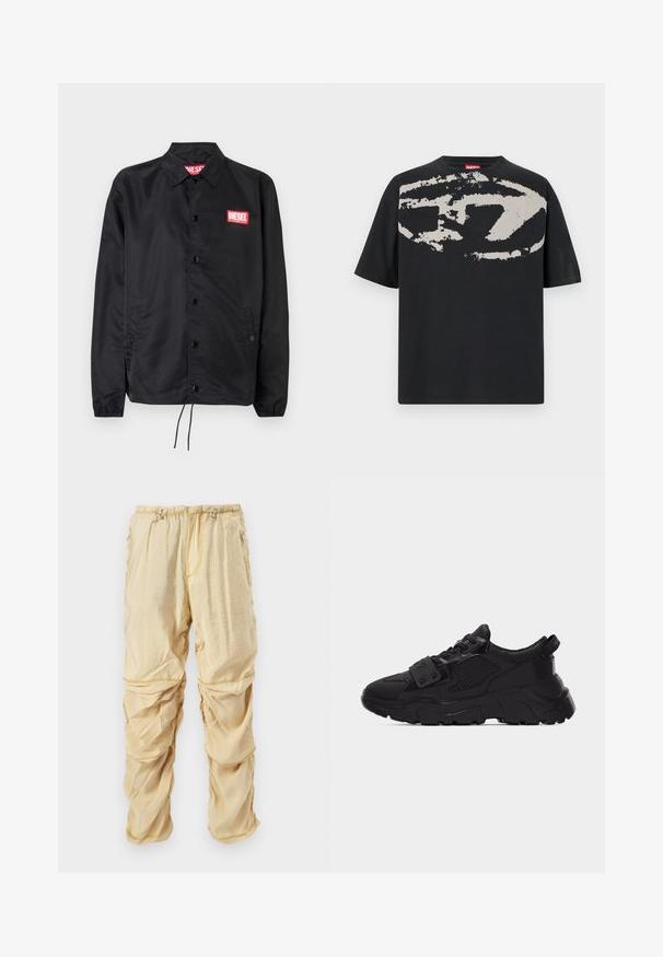 Veste noire en matériau lisse et léger, avec un devant à boutons, des poignets élastiques, des poches latérales et un patch logo rouge Diesel.; T-shirt noir avec un grand motif abstrait gris clair sur le devant. Manches courtes et encolure ronde classique. Matière en coton.; Pantalons cargo en nylon beige clair avec cordons de serrage réglables à la taille et poches zippées, conçus avec des détails en tissu froncé et superposé.; Baskets noires épaisses avec des panneaux en mesh et cuir, semelle épaisse texturée, devant à lacets et une bride avec des clous métalliques traversant les lacets.