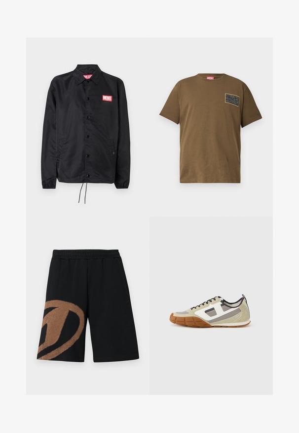 Veste noire en matériau lisse et léger, avec un devant à boutons, des poignets élastiques, des poches latérales et un patch logo rouge Diesel.; T-shirt en coton marron avec un col rond, comportant un patch graphique noir sur la poitrine gauche. Manches courtes et ourlet droit.; Shorts taille élastique noire avec grand motif abstrait marron sur la jambe gauche et poches latérales.; Baskets athlétiques avec une tige beige, des accents gris et blancs, un suède texturé et une semelle en caoutchouc à motif. Lacets marron et languette de traction inclus.