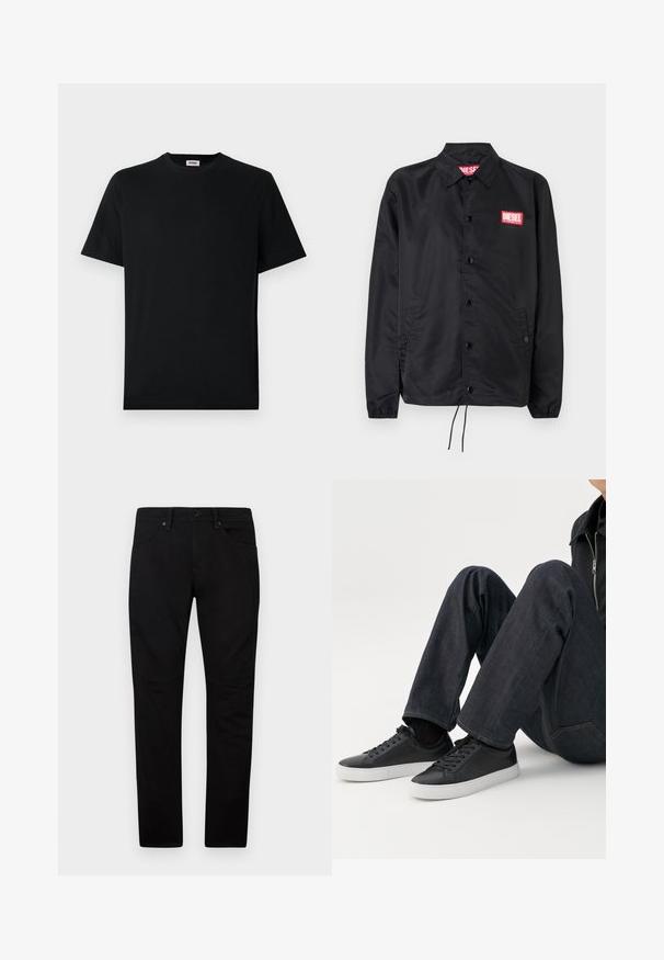 Chaqueta negra hecha de un material suave y ligero, con cierre de botones en el frente, puños elásticos, bolsillos laterales y un parche con el logo rojo de Diesel.; Camiseta básica negra de manga corta con cuello redondo, exhibida plana sobre un fondo blanco, con una pequeña etiqueta de la marca en el interior del collar.; Pantalones casuales negros de mezcla de algodón, con corte recto, cinco bolsillos y sutiles detalles en las rodillas para mayor comodidad y estilo.; Persona sentada con las piernas dobladas, vistiendo vaqueros azul oscuro y zapatillas bajas negras con suelas blancas sobre un fondo blanco.