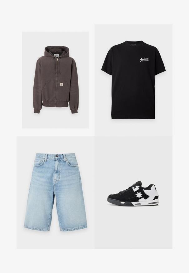 Donkergrijze hoodie met ritssluiting, voorzakken, capuchon met trekkoord, geribde manchetten en zoom, en een klein logoplaatje op de zak.; Zwarte T-shirt met korte mouwen en ronde hals, met klein wit "Carhartt"-logo op de linkerborst.; Lichtblauwe denim knielange shorts met voorzakken, riemlussen en een knoopsluiting.; Zwarte en witte sneaker van suede en mesh materiaal. Voorzien van een prominent sterrenlogo en gedurfde accenten op de zijkant, met een gevoerde zool.