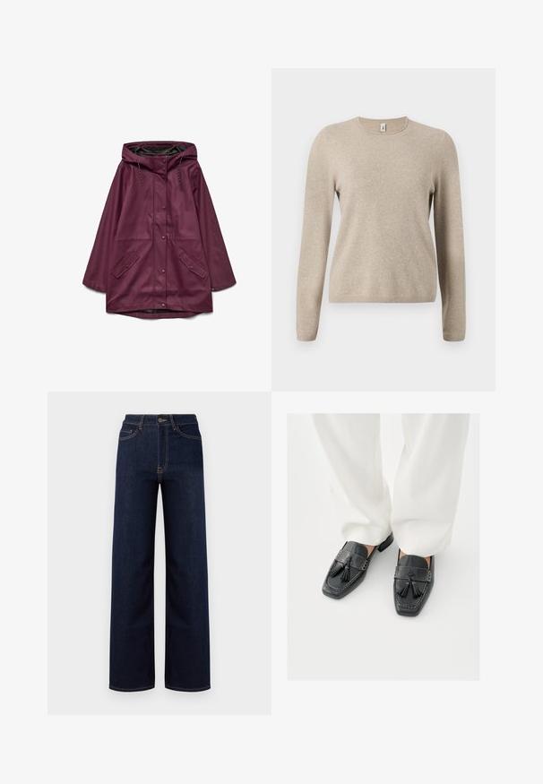 Parka imperméable bordeaux avec capuche, dotée d'une fermeture à boutons-pression et de deux poches avant ; fabriquée en matériau lisse et durable.; Pull en tricot beige à manches longues, col rond et poignets côtelés. Texture douce avec un motif chiné subtil.; Jeans en denim bleu foncé à jambes larges, avec une taille haute, quatre poches et des coutures contrastantes le long des coutures.; Mocassins en cuir noir avec pampilles, présentant des bouts carrés et des coutures décoratives, assortis à un pantalon blanc à jambes larges.