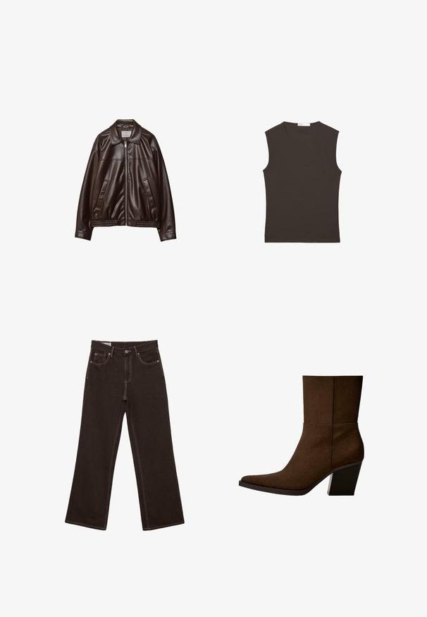 Veste en cuir synthétique marron foncé avec fermeture éclair frontale, col, deux poches en diagonale et ourlet élastique sur fond blanc.; Débardeur sans manches brun foncé à col rond avec ourlet droit, présenté à plat sur un fond blanc.; Jean marron foncé à jambes larges avec boutons à l'avant, fermeture éclair et surpiqûres blanches contrastantes. Comprend des poches avant et une poche monnaie avec rivets en cuivre.; Bottine en suède marron avec un orteil pointu et un talon épais, présentant un design minimaliste et une texture lisse sur fond blanc.