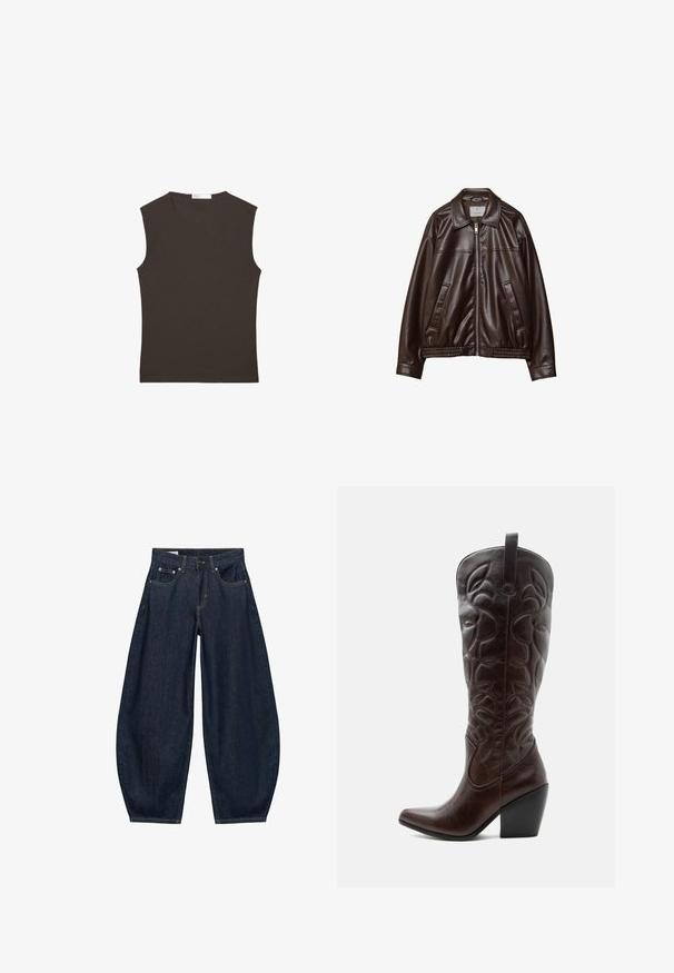Veste en cuir synthétique marron foncé avec fermeture éclair frontale, col, deux poches en diagonale et ourlet élastique sur fond blanc.; Débardeur sans manches brun foncé à col rond avec ourlet droit, présenté à plat sur un fond blanc.; Jean en denim bleu foncé à jambes larges avec poches avant, passants de ceinture et fermeture par bouton à la taille.; Botte de cowboy haute en cuir marron foncé avec motifs décoratifs cousus, bout pointu et talon bloc empilé.