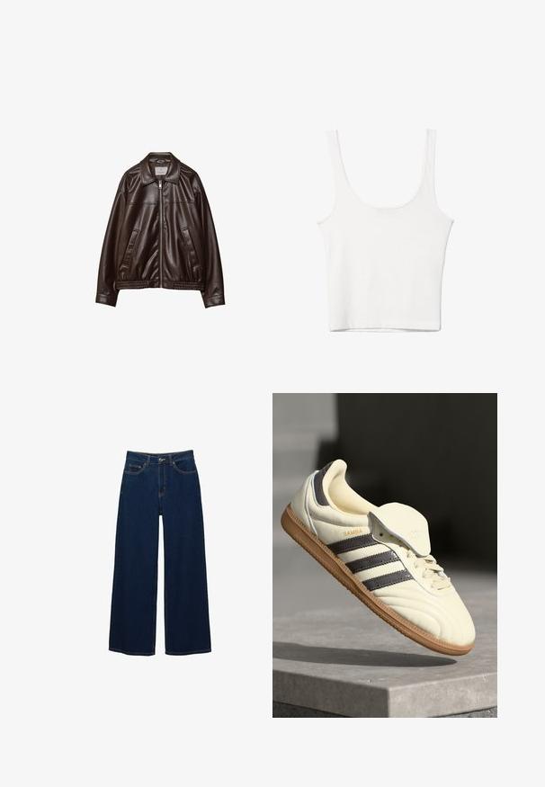 Donkerbruine neplederen jas met voorkleur, kraag, twee diagonale zakken en elastische zoom op een witte achtergrond.; Witte katoenen tanktop met een ronde halslijn, zonder mouwen en een getailleerde vorm. Soepele textuur, eenvoudig ontwerp en minimale stikdetails.; Donkerblauwe jeans met brede pijpen van spijkerstof; voorzien van voorzakken en een knoopsluiting; opvallende stiksels langs de naden; geen patronen of versieringen.; Crème leren sneaker met drie donkere strepen, een bruine gumrubberen zool en een ronde neus. Voorzien van een opvouwbare tong met het label "SAMBA."
