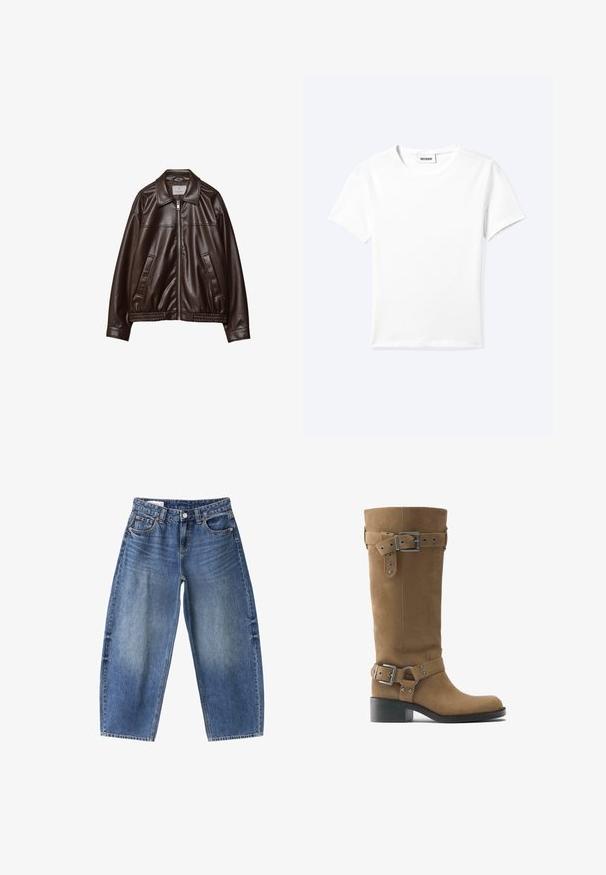 Veste en cuir synthétique marron foncé avec fermeture éclair frontale, col, deux poches en diagonale et ourlet élastique sur fond blanc.; T-shirt blanc uni à manches courtes et col rond avec une petite étiquette "WEEKDAY" à l'intérieur de l'encolure, présenté à plat sur un fond clair.; Jean en denim bleu avec une coupe décontractée, bouton et fermeture éclair à l'avant, poches avant et arrière, et détails de lavage délavé.; Botte haute en daim marron avec deux boucles et lanières argentées réglables, bout rond et talon bloc noir bas.